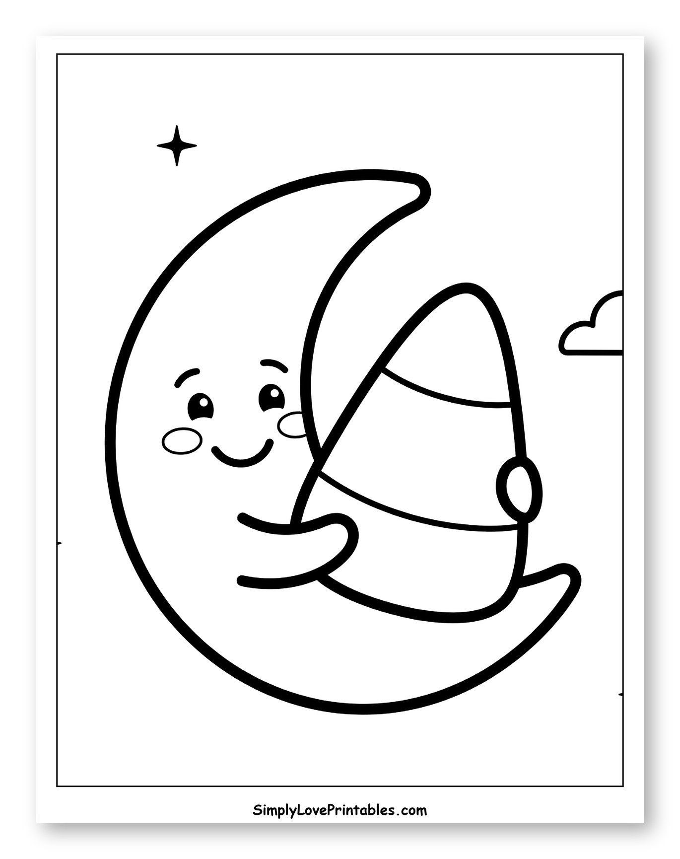 Happy Moon Holding Candy Corn Coloring Page for Toddlers