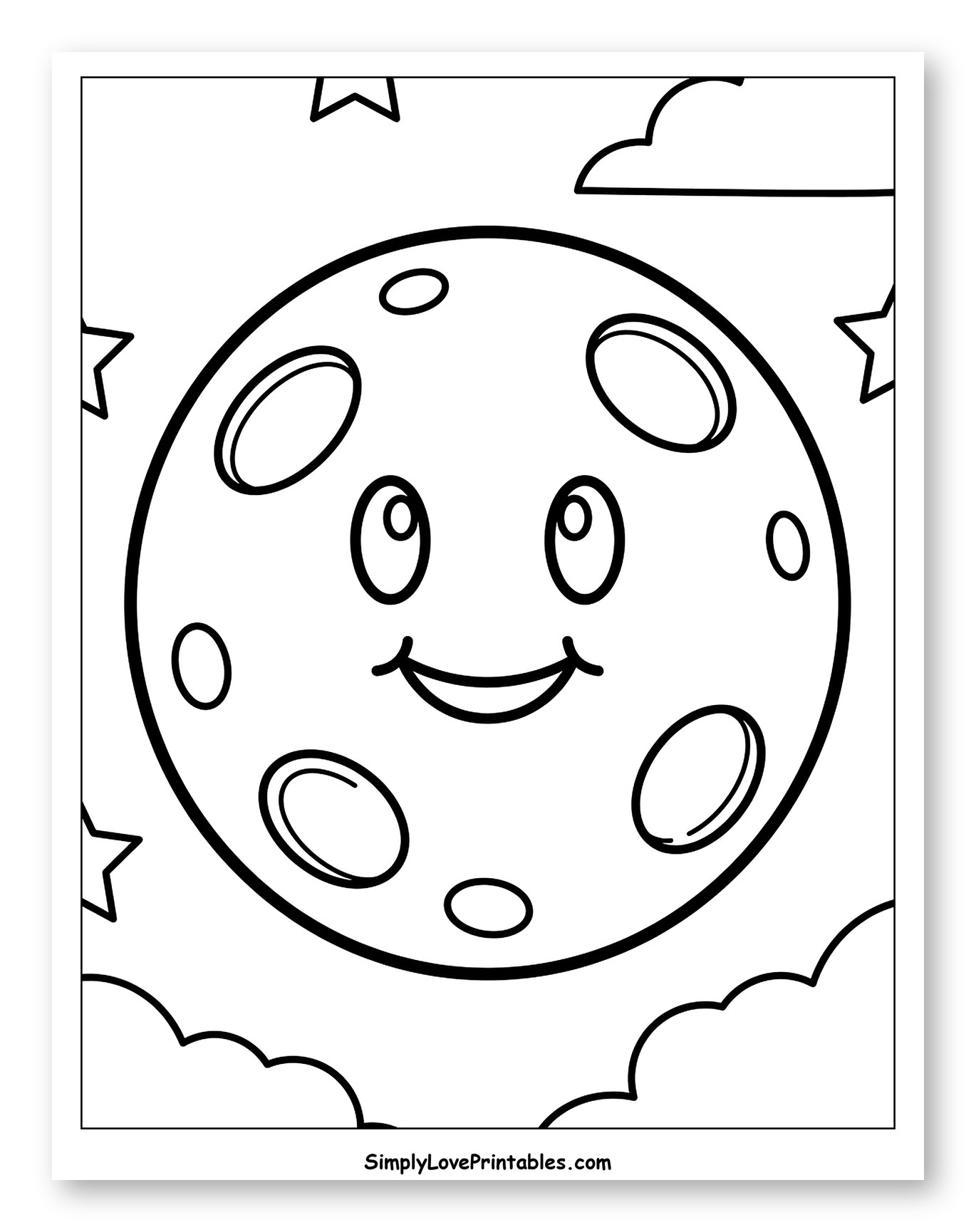 Happy Moon with Stars and Clouds to Color for Toddlers