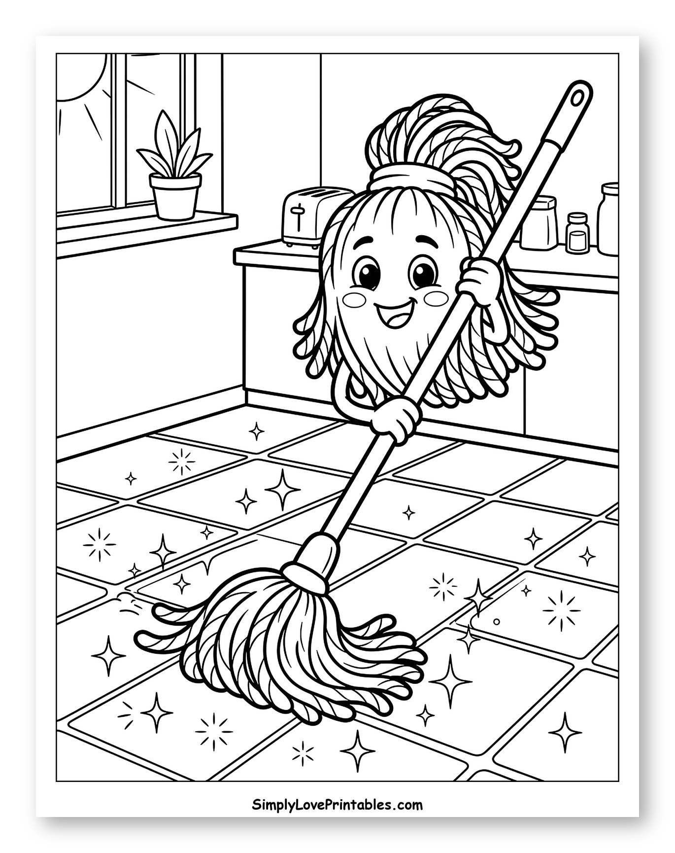 Happy Mop Character Cleaning Kitchen Floor