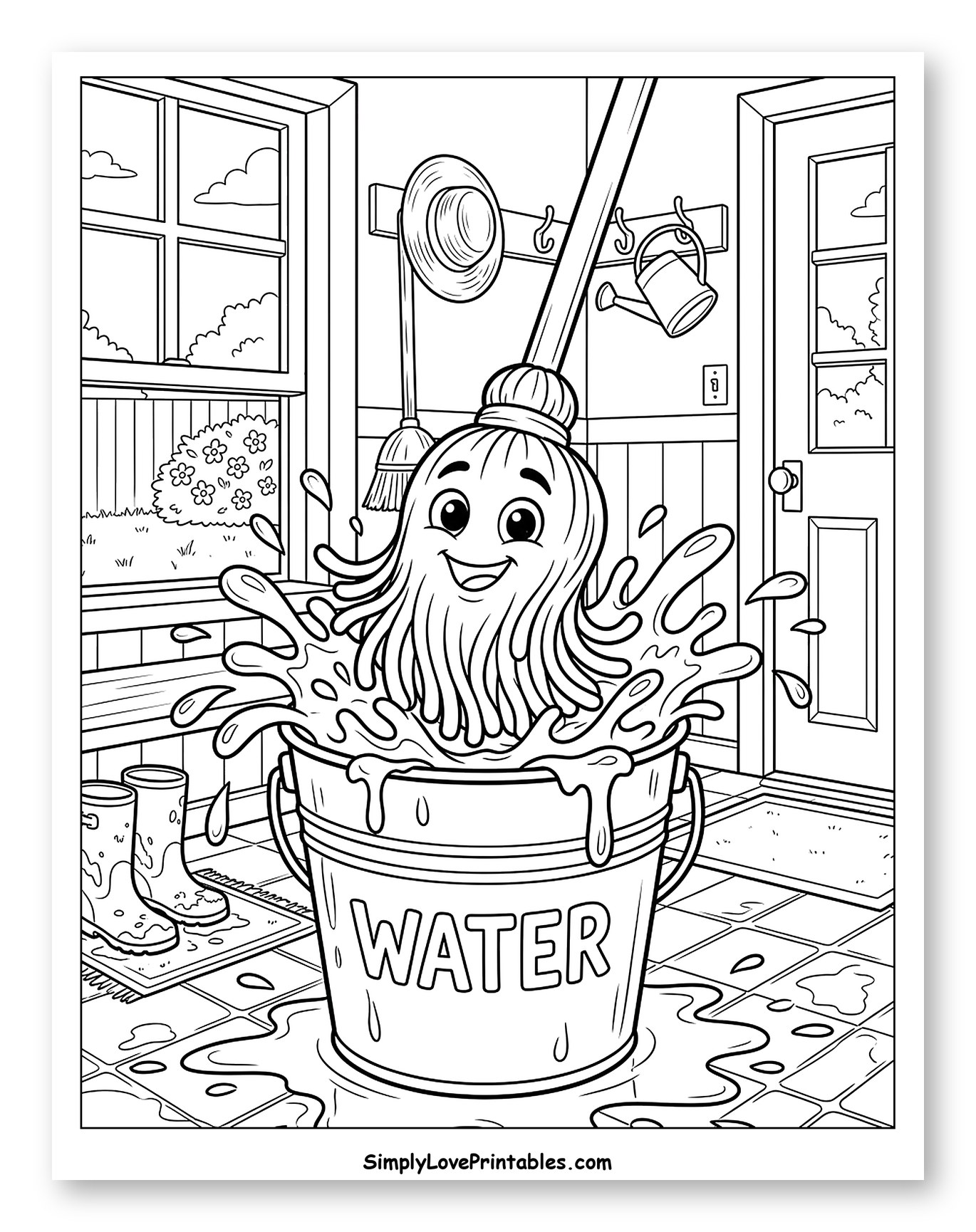 Happy Mop Splashing in a Water Bucket to Color for Kids