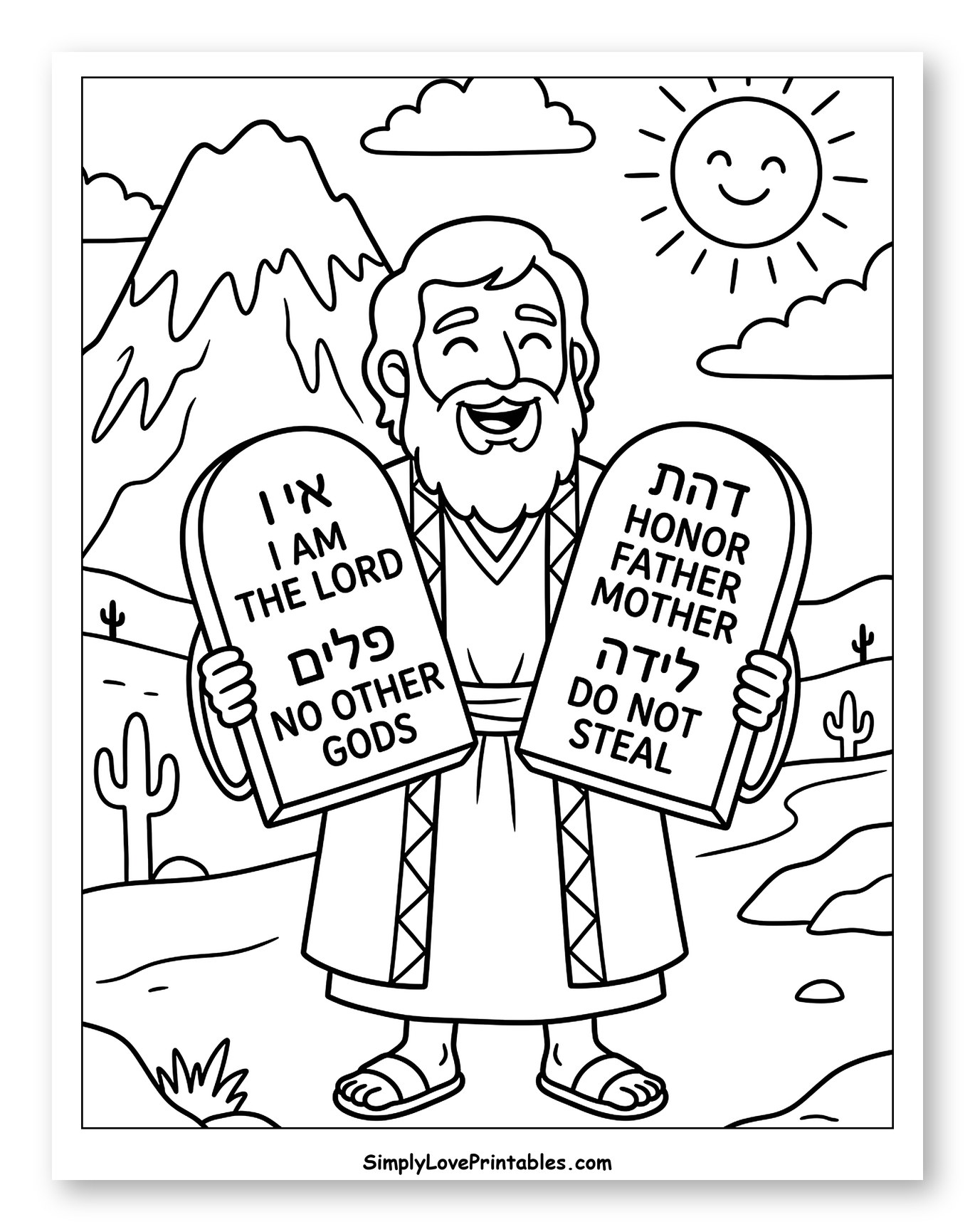 Happy Moses with Tablets on Sinai Coloring Page for Kids