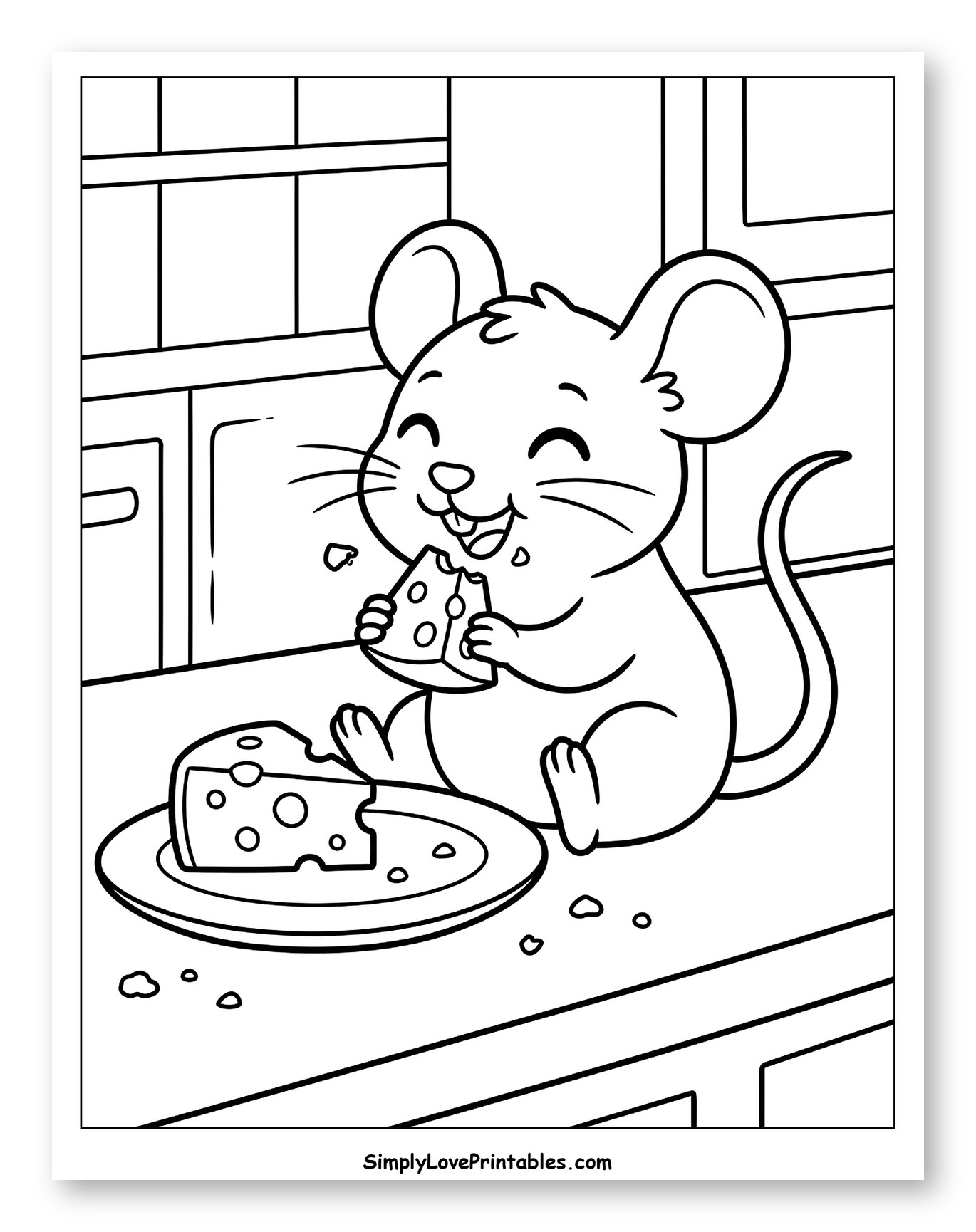 Happy Mouse Eating Cheese on a Counter
