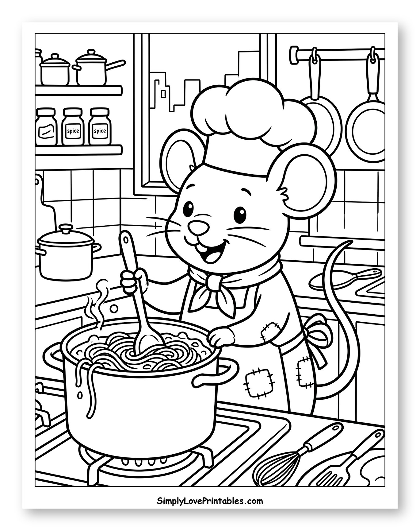 Happy Mouse Stirring Spaghetti in Kitchen Coloring Sheet for Kids
