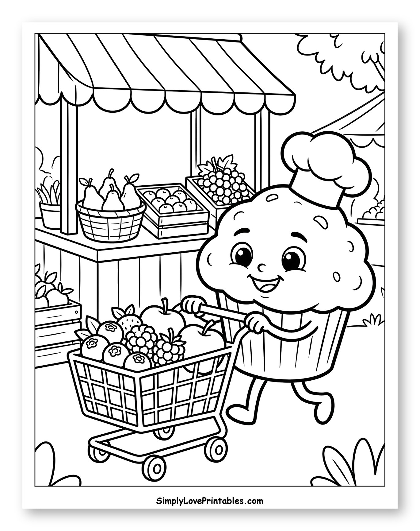 Happy Muffin Pushing Fruit Shopping Cart Coloring Sheet for Kids