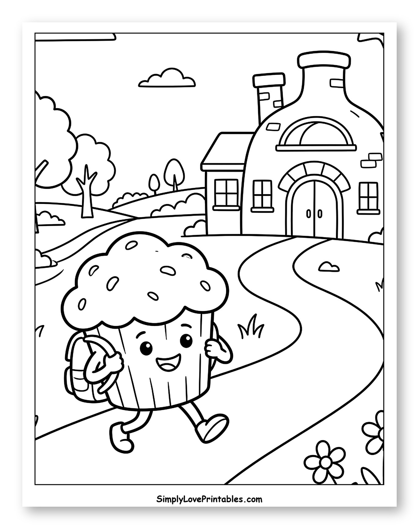 Happy Muffin Walking to a Whimsical Building to Color for Kids