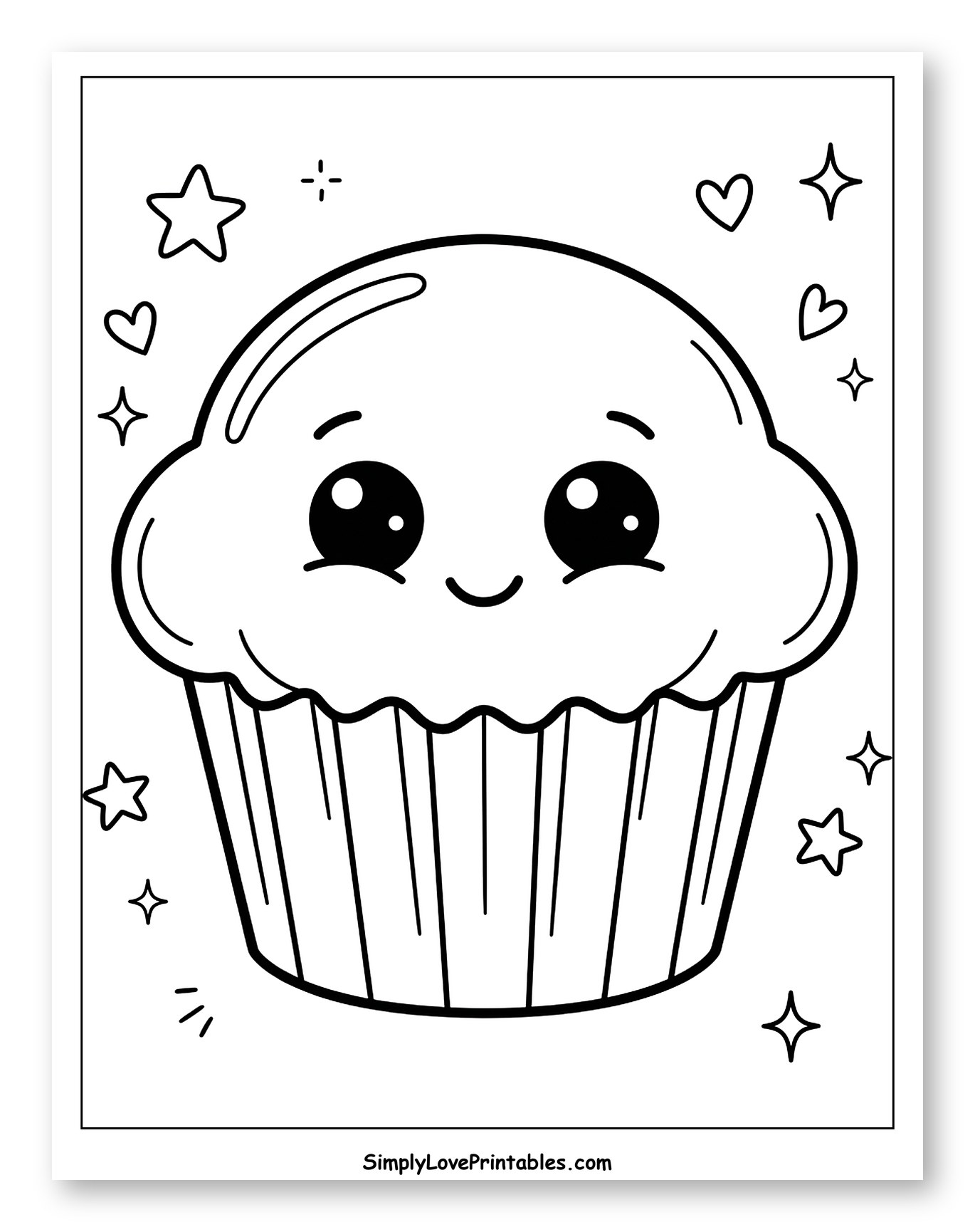 Happy Muffin with Stars and Hearts Coloring Page for Adults