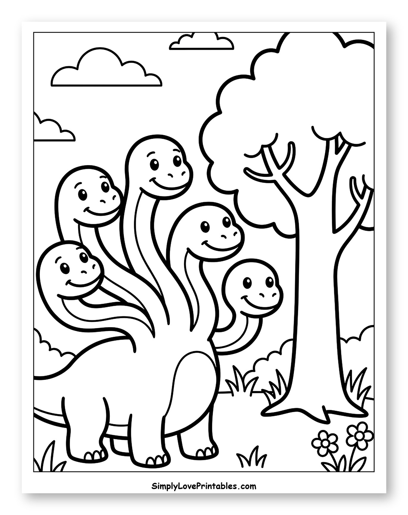 Happy Multi-Headed Dinosaur in a Forest to Color for Toddlers