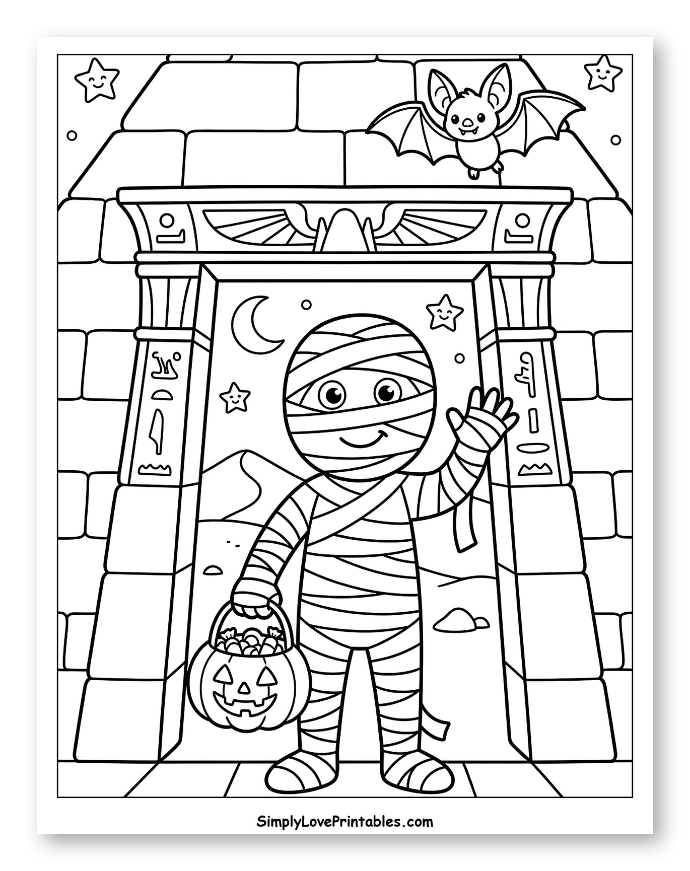 Happy Mummy at Pyramid Entrance with Bat
