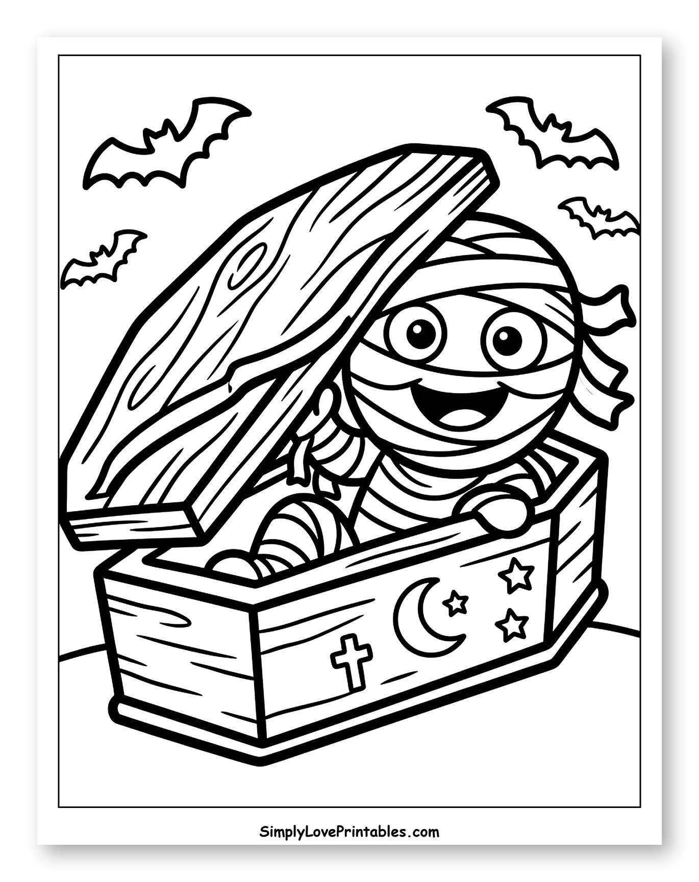 Happy Mummy Peeking Out of Coffin to Color for Toddlers