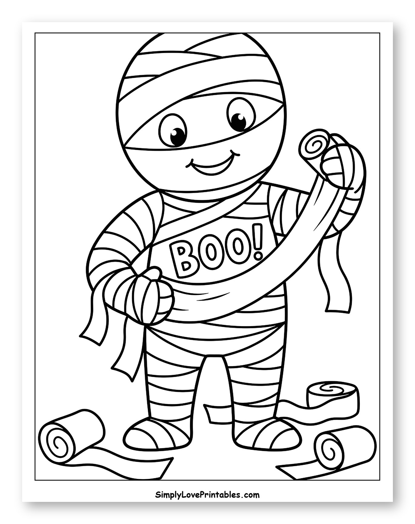 Happy Mummy Unraveling Bandages with Boo Text Coloring Page for Kids