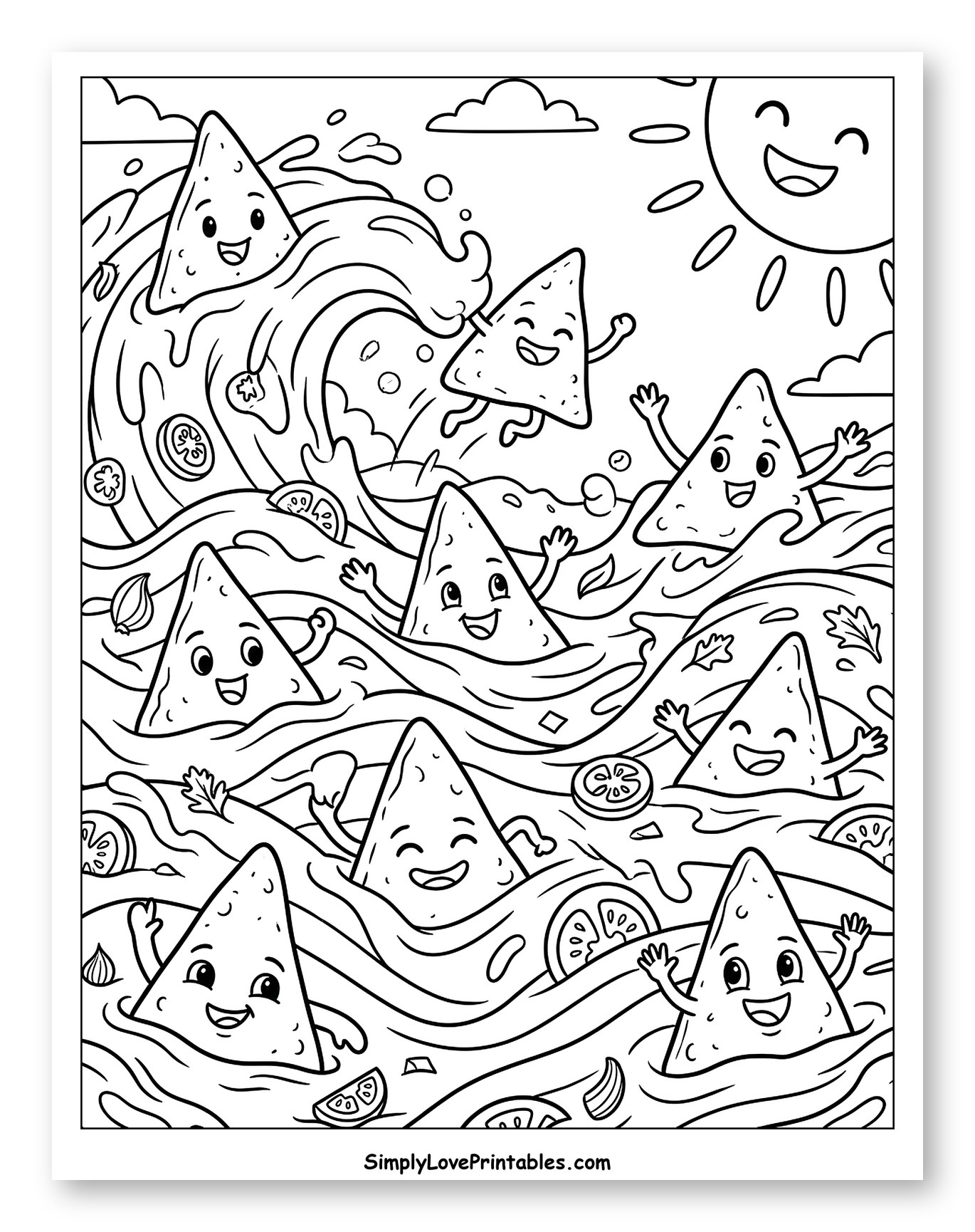 Happy Nachos Chips Waving in Salsa