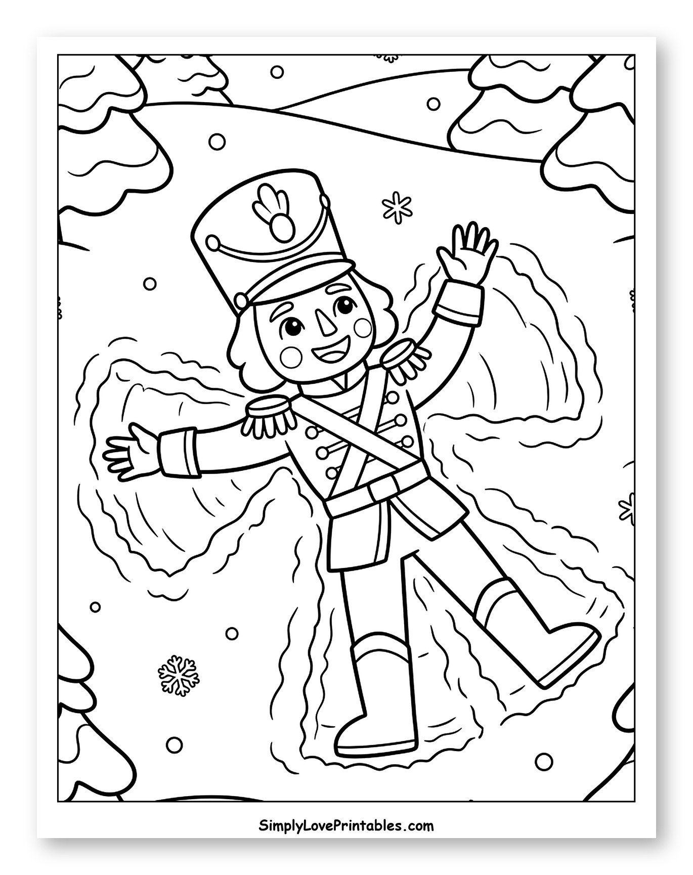 Happy Nutcracker Making a Snow Angel Coloring Page for Kids