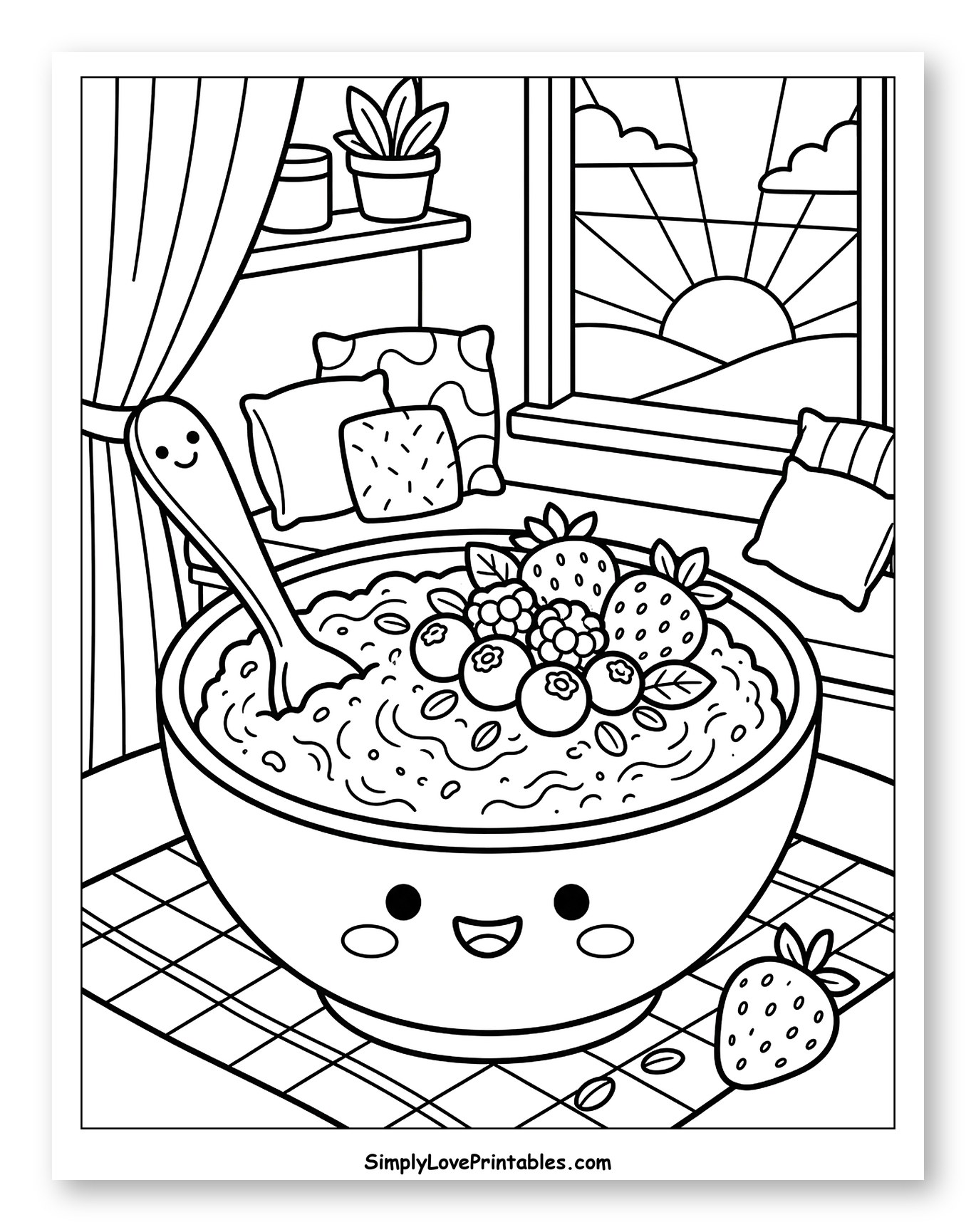 Happy Oatmeal Bowl with Berries by Window