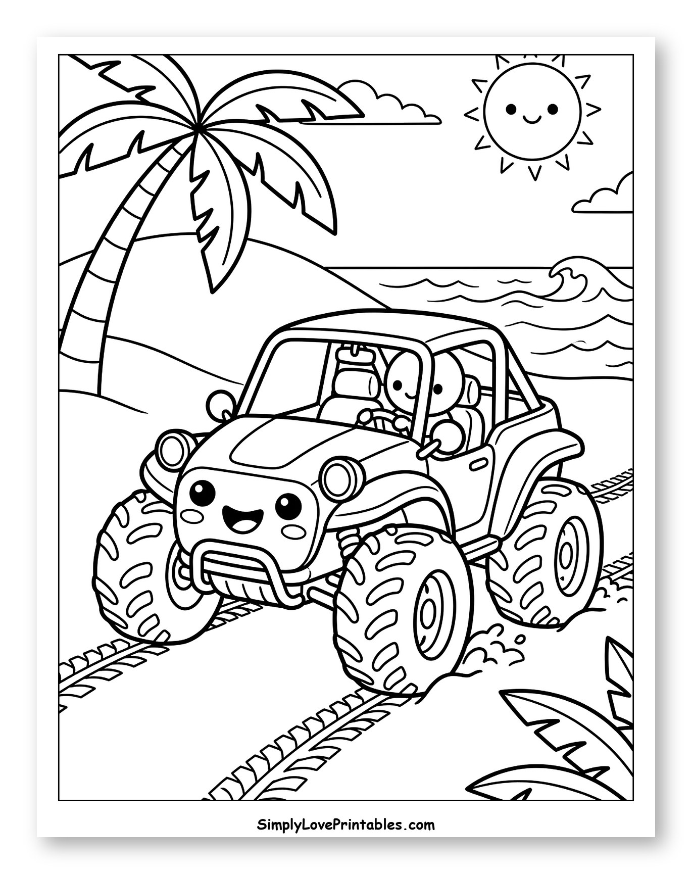 Happy Off-Road Vehicle on Sandy Beach Coloring Sheet for Kids