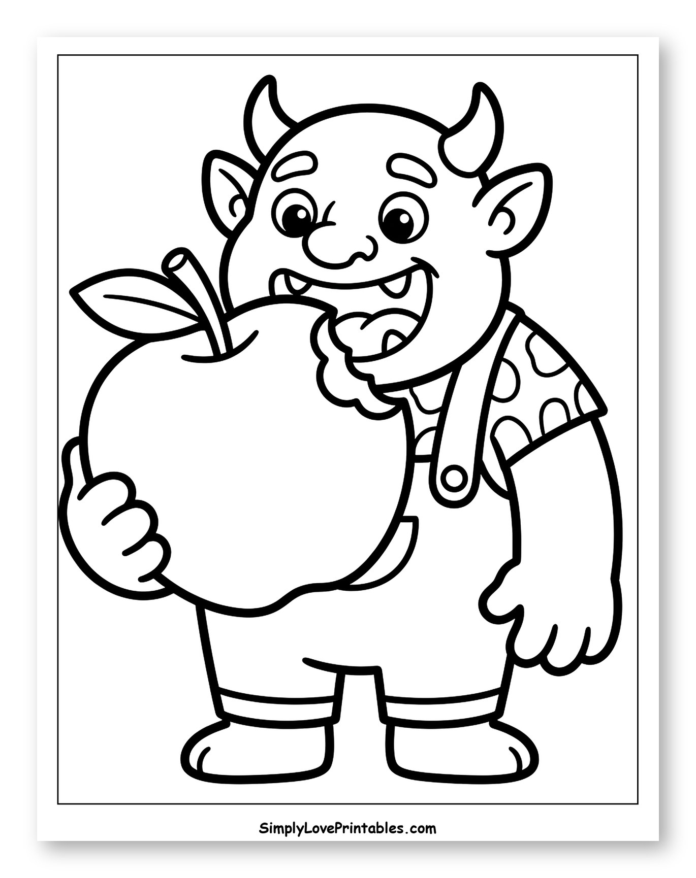 Happy Ogre Eating a Big Apple Coloring Page for Toddlers