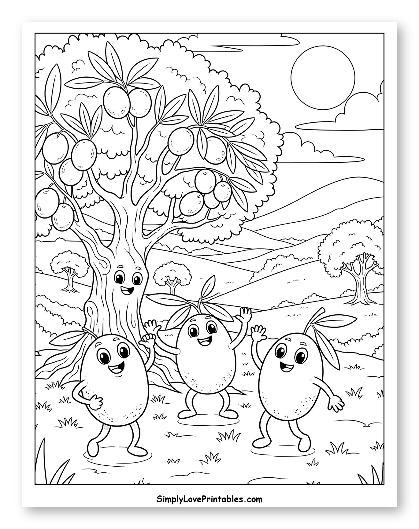 Happy Olive Tree with Dancing Olives Coloring Page for Kids