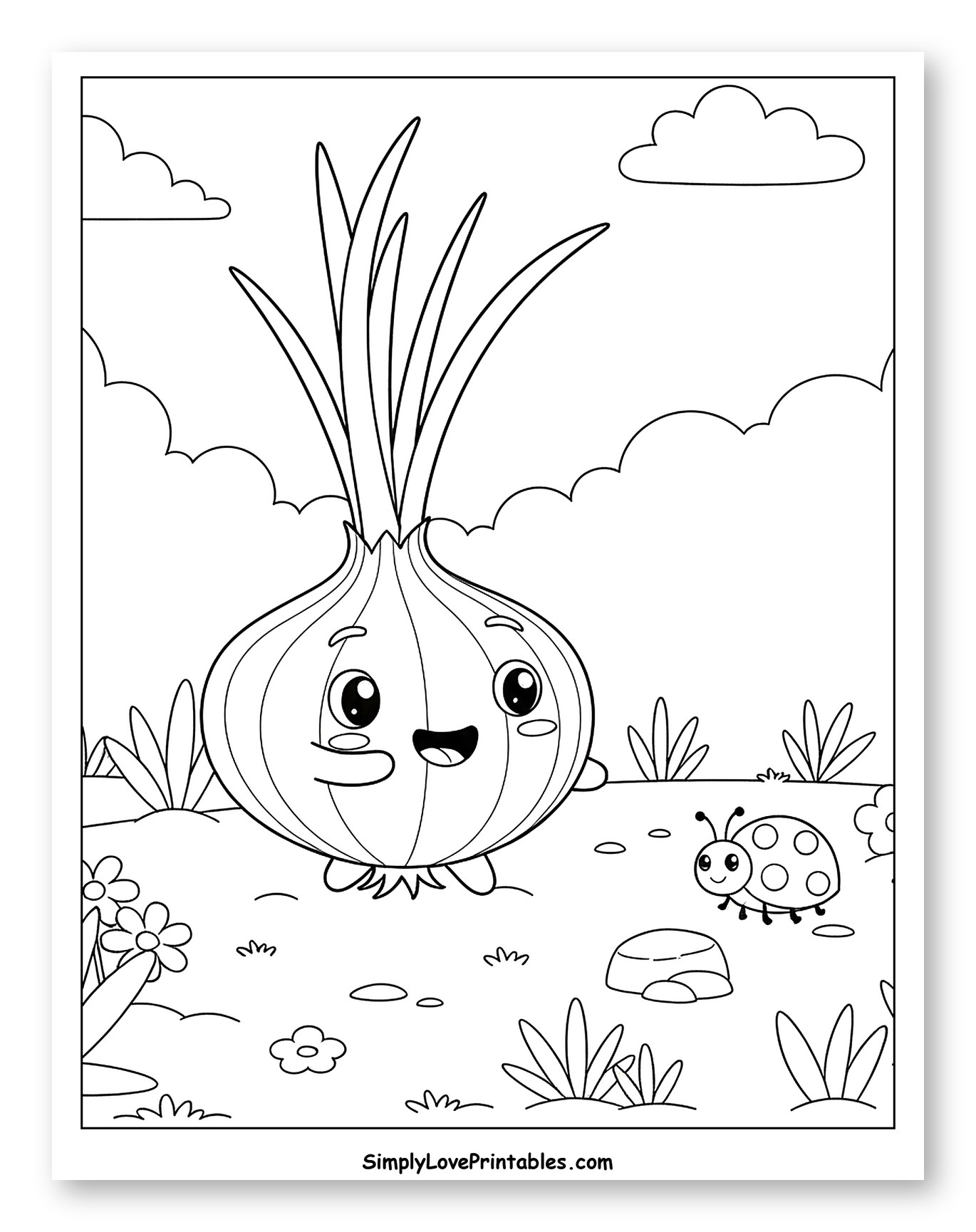 Happy Onion and Ladybug in a Grassy Field