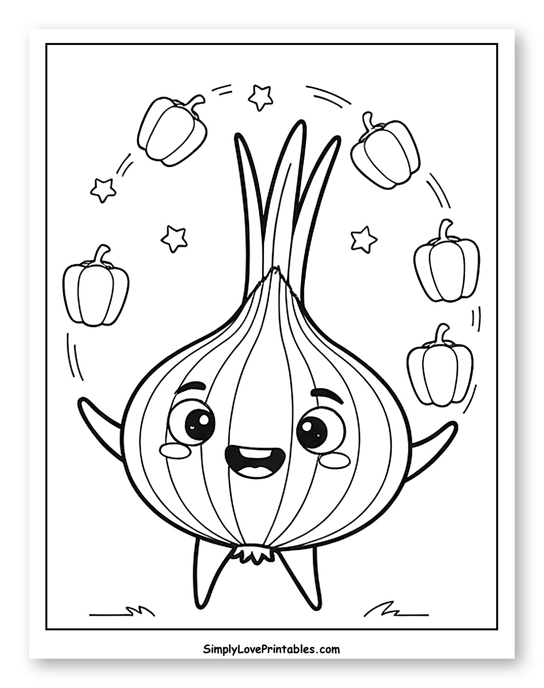 Happy Onion Juggling Peppers and Stars Coloring Page for Kids