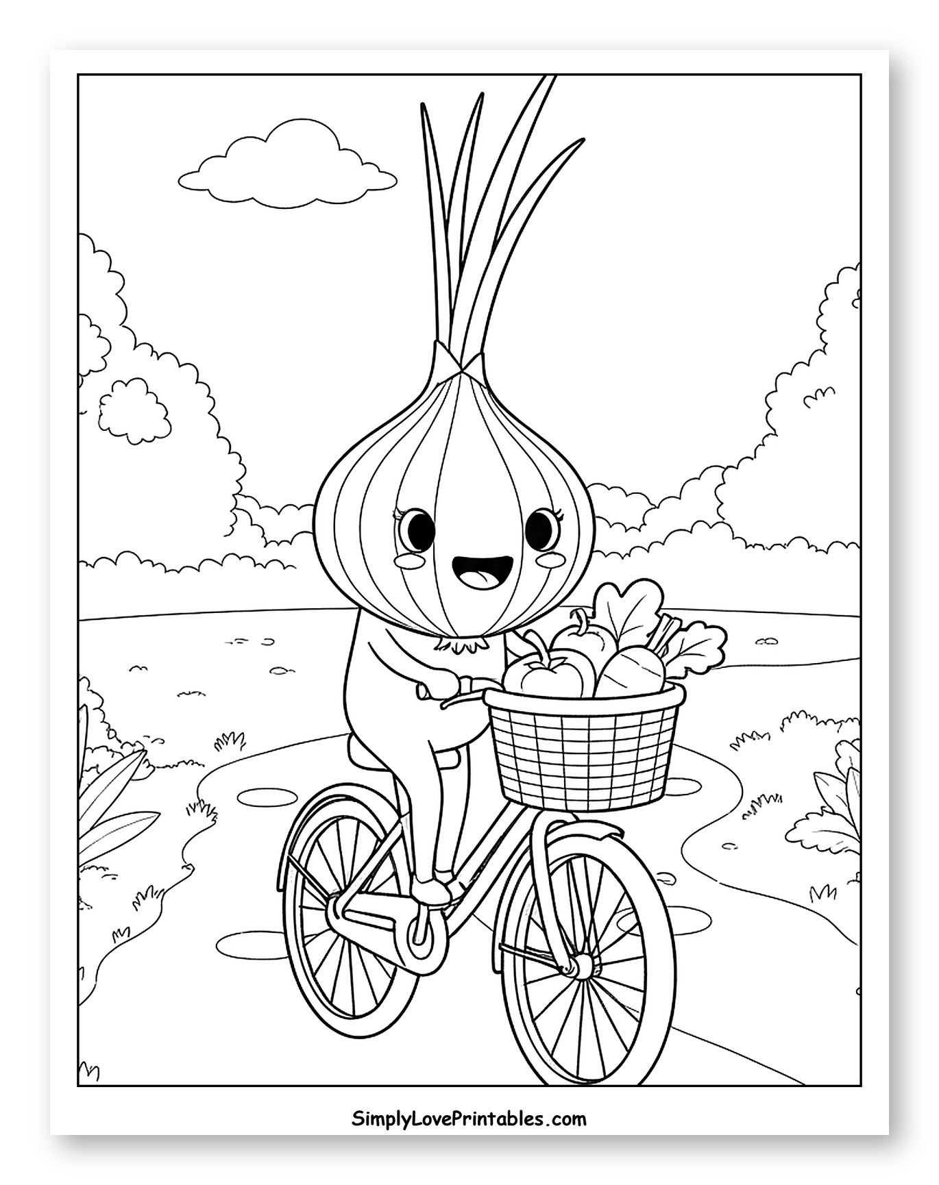 Happy Onion Riding Bike with Groceries to Color for Kids