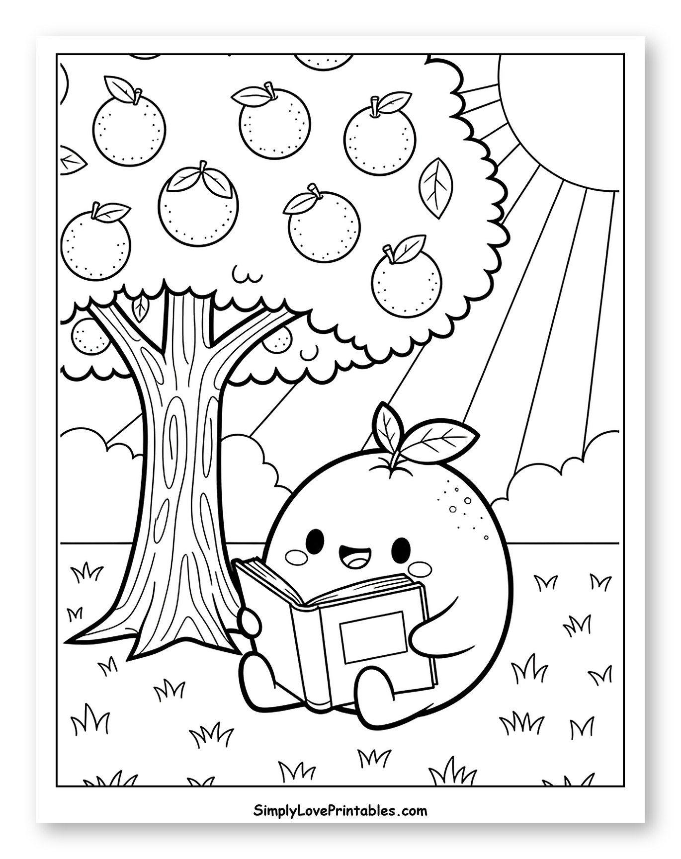 Happy Orange Reading by an Orange Tree Coloring Page for Kids