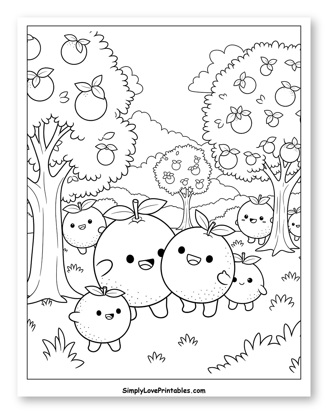 Happy Oranges Walking in an Orchard to Color for Kids