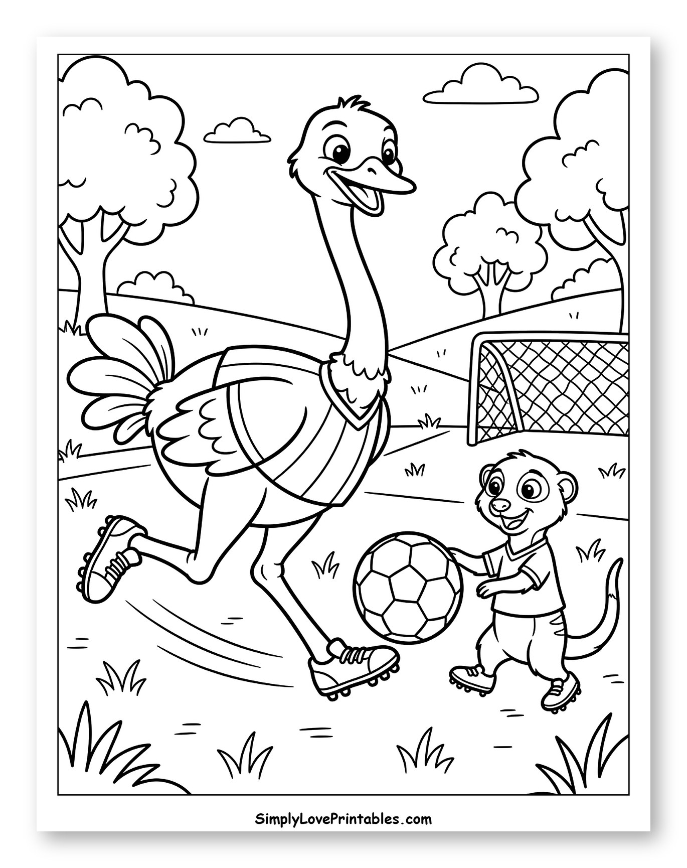 Happy Ostrich and Meerkat Playing Soccer