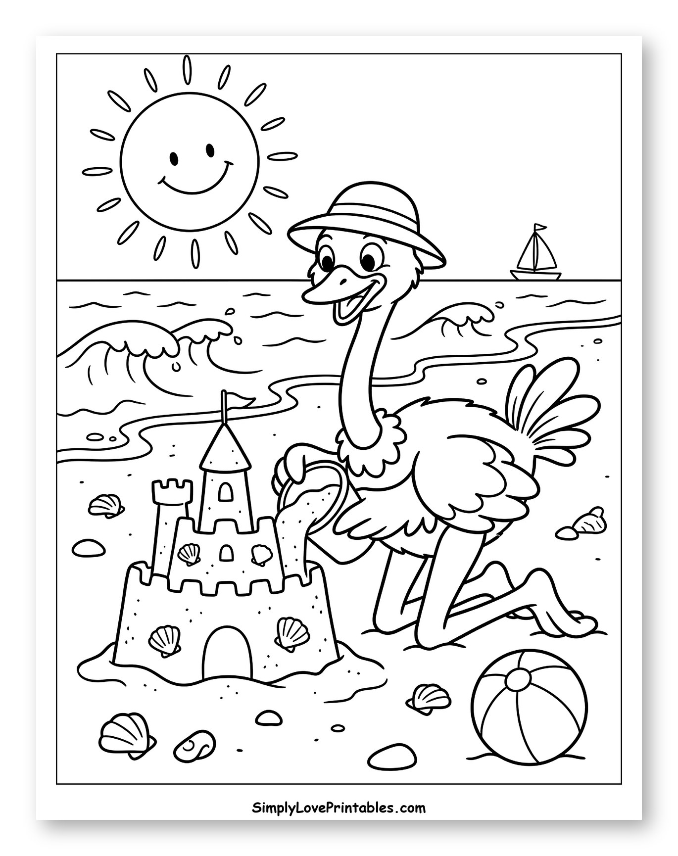 Happy Ostrich Building a Sandcastle on the Beach Coloring Page for Kids
