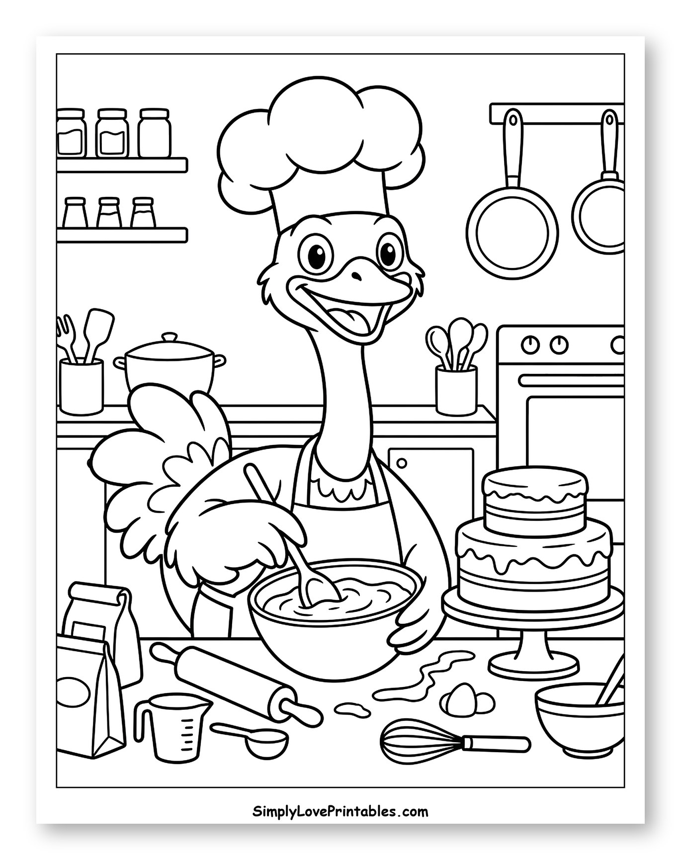 Happy Ostrich Chef Baking Delicious Cake Coloring Sheet for Kids