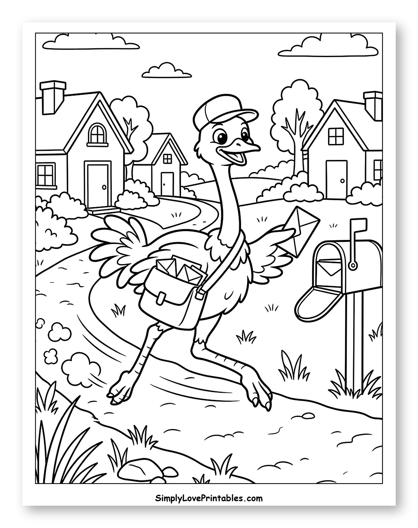 Happy Ostrich Delivering Mail in a Village