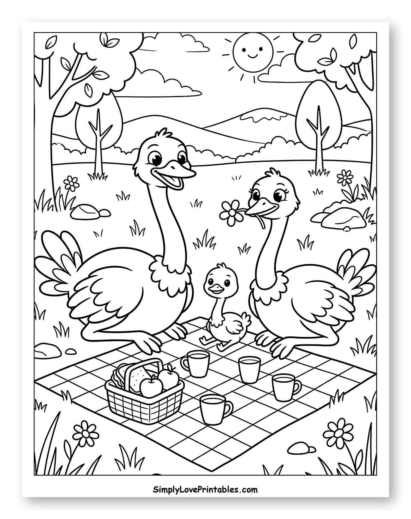 Happy Ostrich Family Enjoying a Picnic to Color for Kids