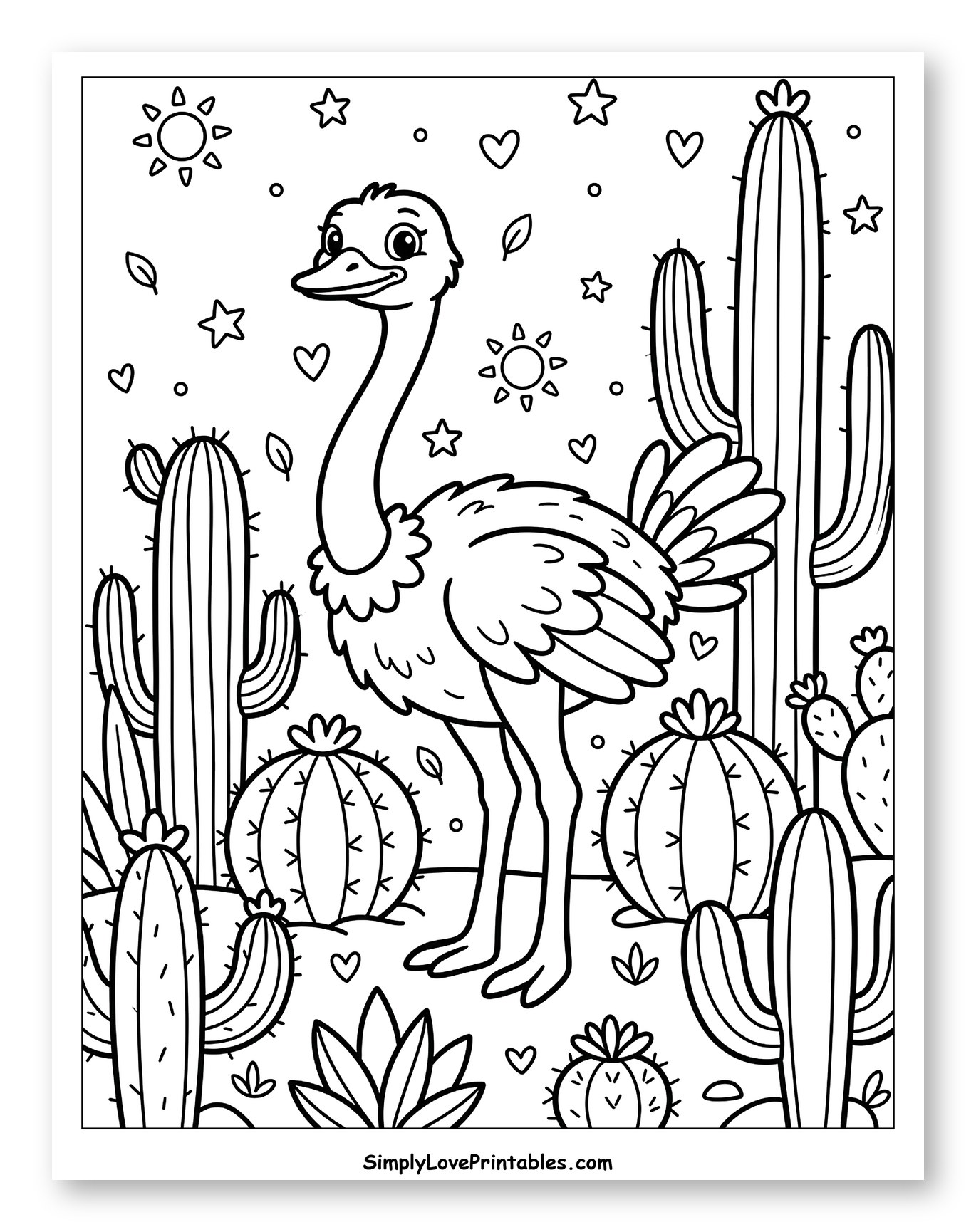 Happy Ostrich in a Desert with Cactuses