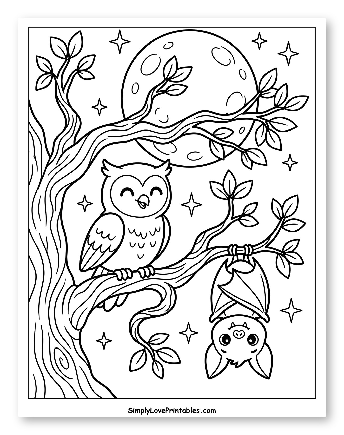Happy Owl and Bat Under the Moon