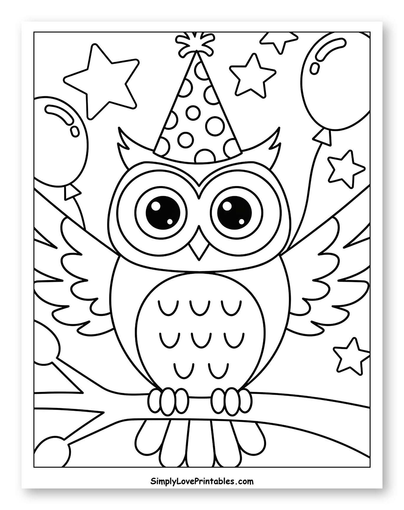Happy Owl in Party Hat and Stars