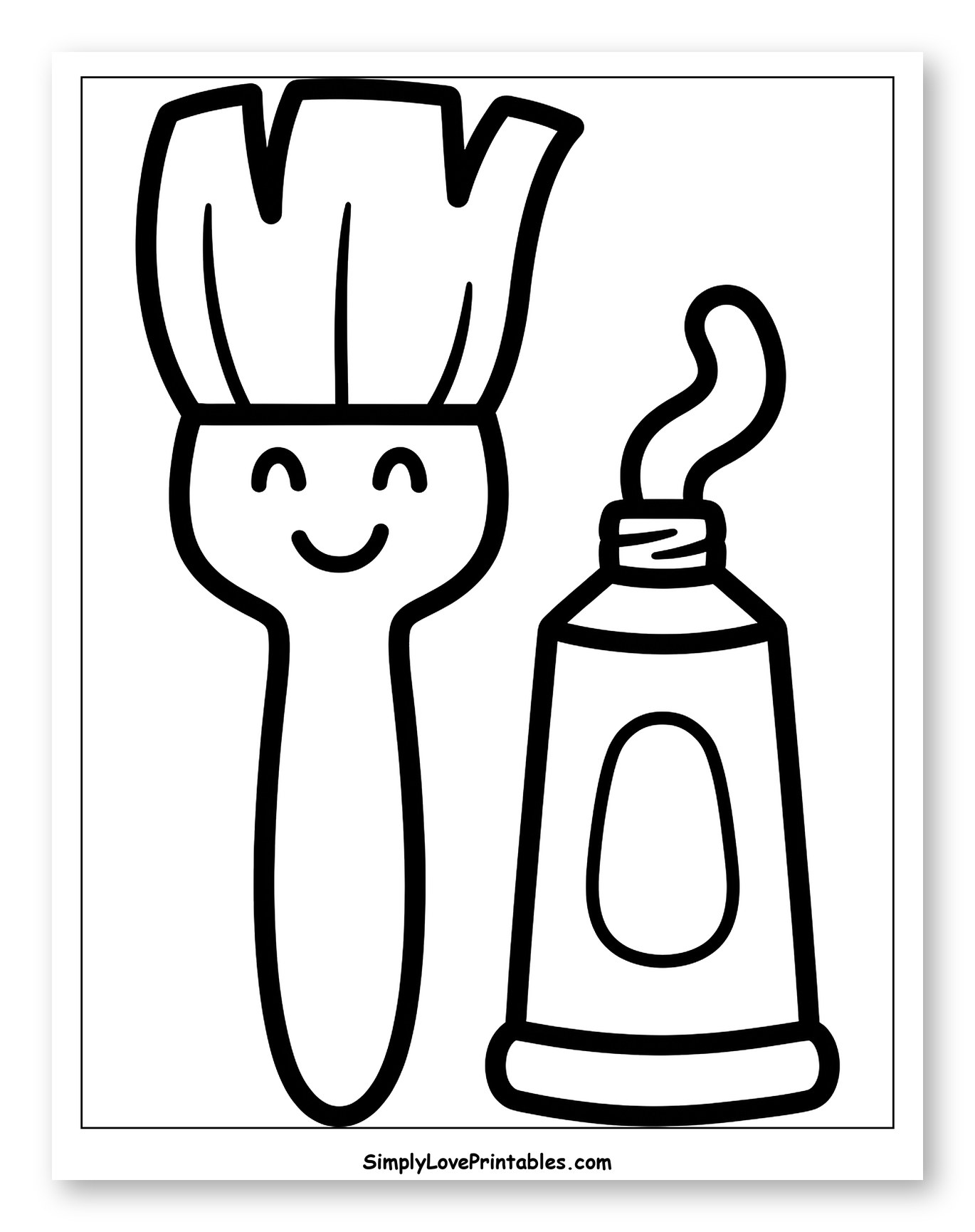 Happy Paintbrush and Paint Tube to Color for Toddlers