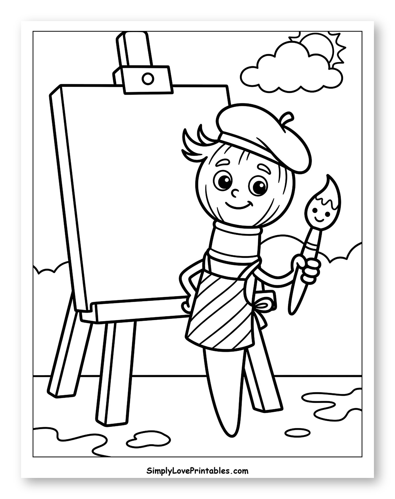 Happy Paintbrush Artist with Beret and Apron to Color for Kids