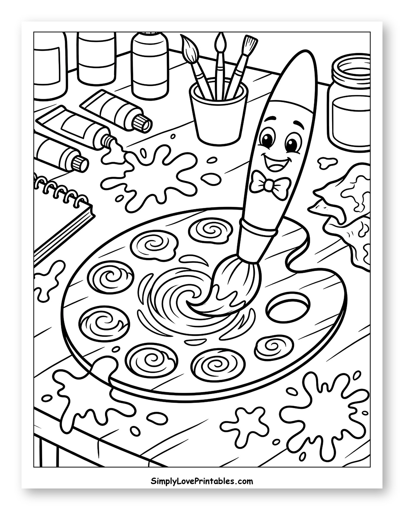 Happy Paintbrush with Art Supplies Coloring Sheet for Kids