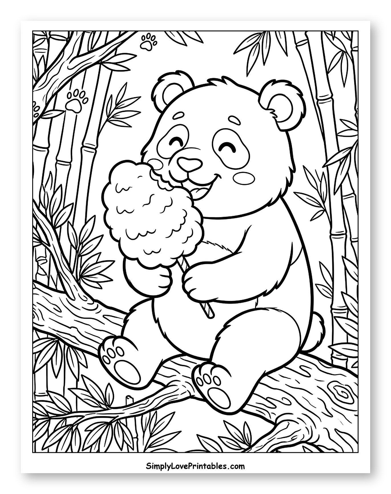 Happy Panda Enjoying Cotton Candy in Bamboo Forest Coloring Page for Kids
