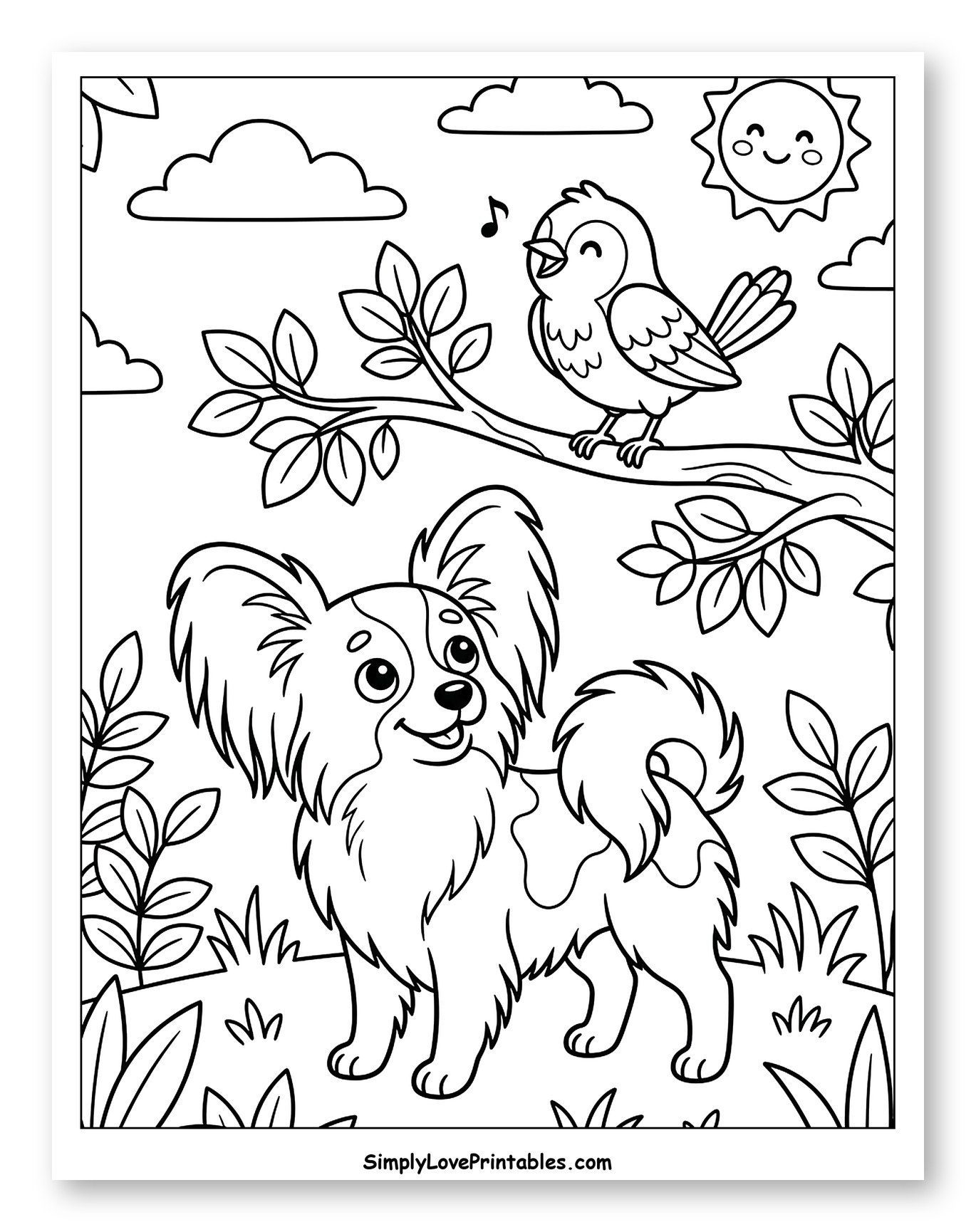 Happy Papillon Dog and Singing Bird