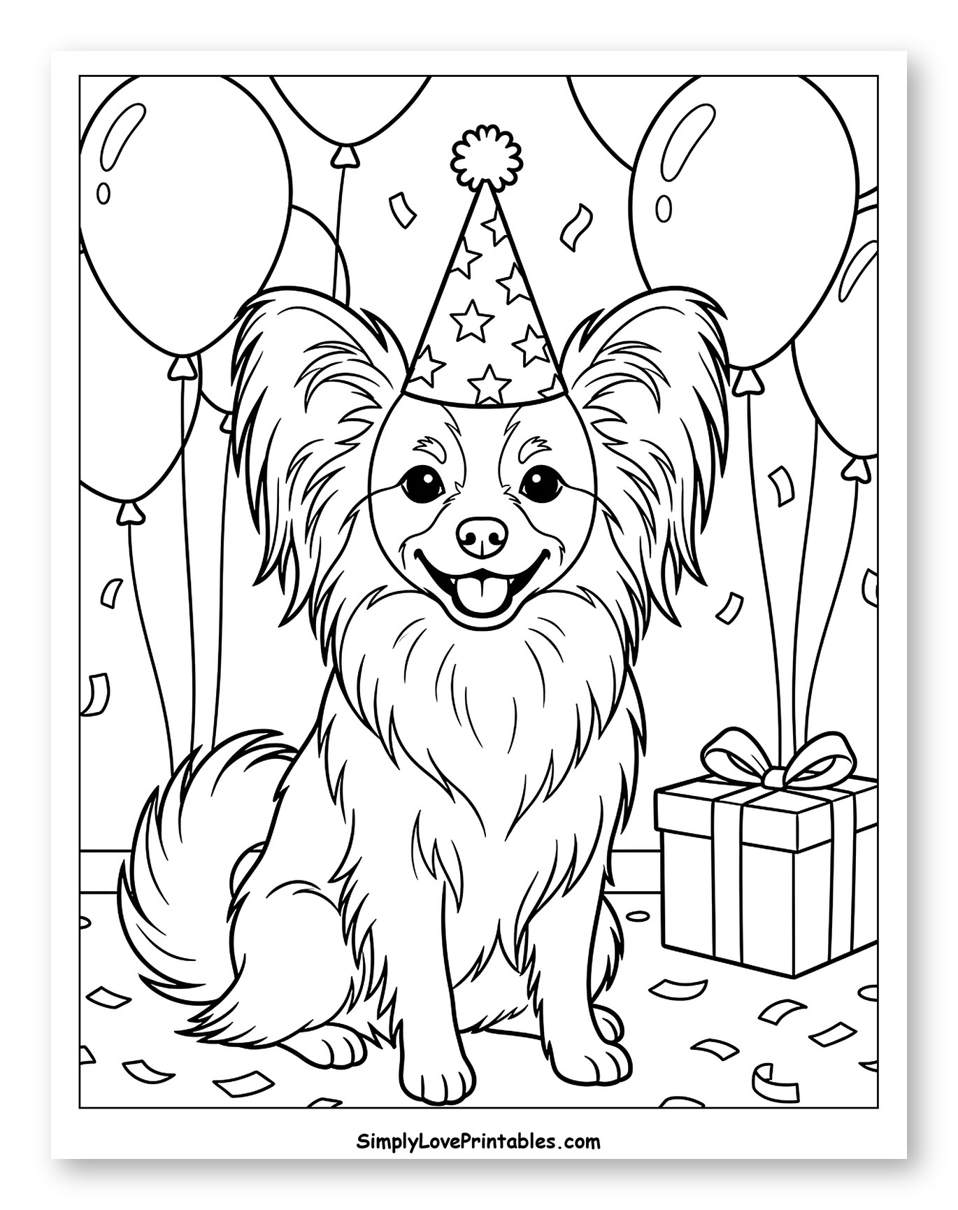 Happy Papillon Dog at a Birthday Party to Color for Kids