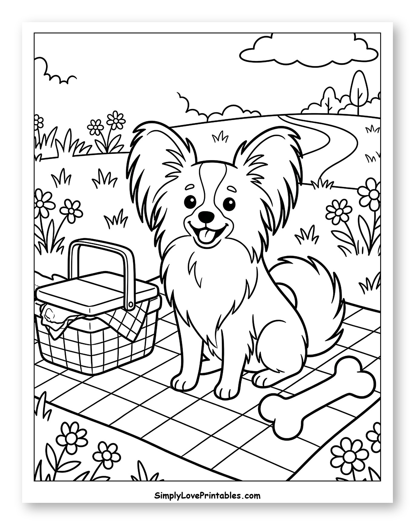 Happy Papillon Dog at a Picnic Coloring Page for Kids