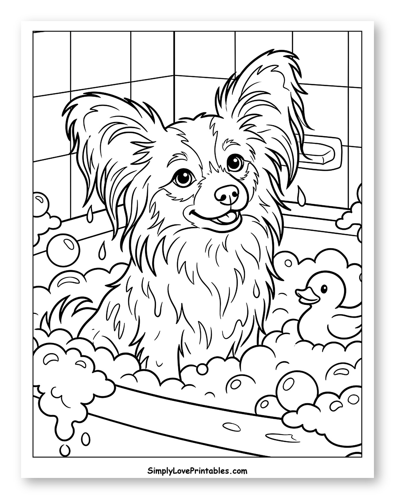 Happy Papillon Dog Bathtime with Rubber Duck Coloring Sheet for Kids