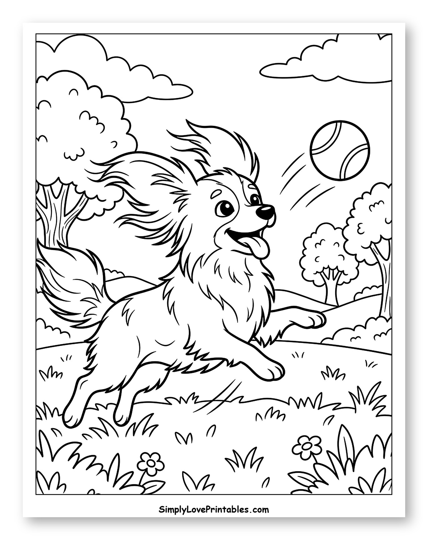 Happy Papillon Dog Playing with Ball to Color for Kids