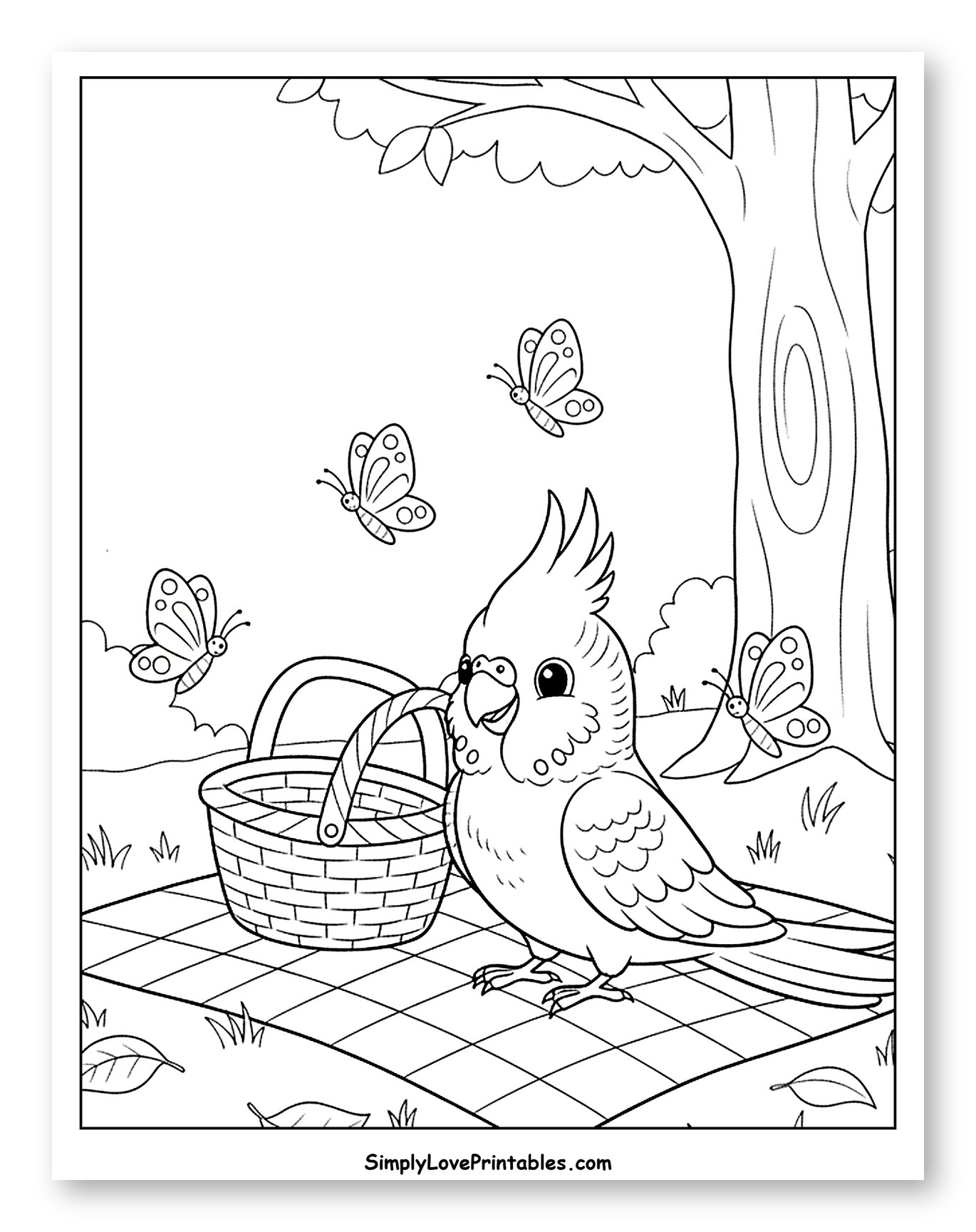 Happy Parakeet Enjoying a Picnic Under a Tree to Color for Kids