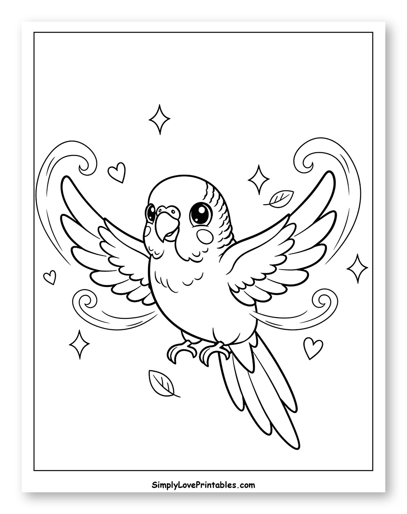Happy Parakeet Flying Amidst Hearts
