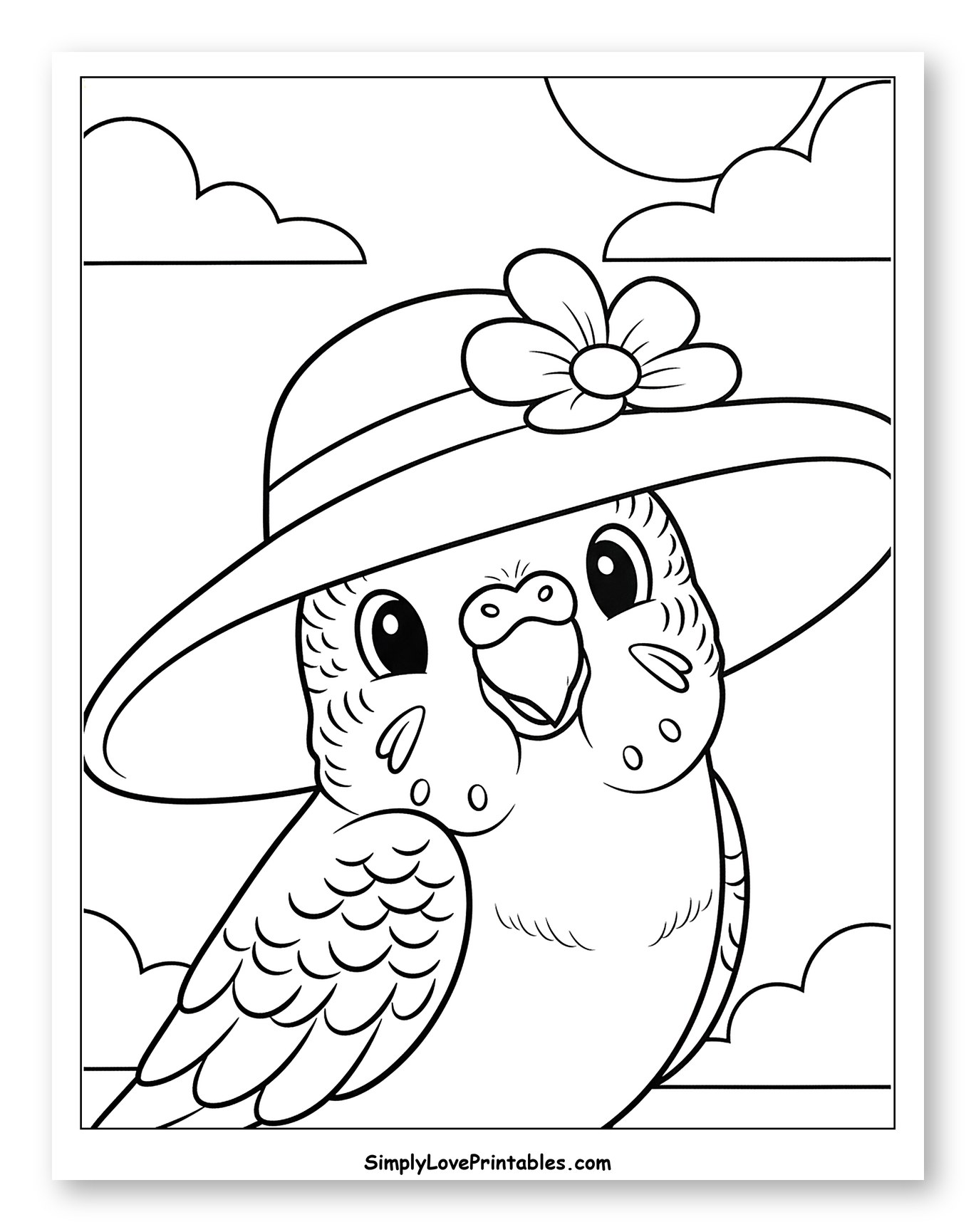 Happy Parakeet in a Flowered Sun Hat