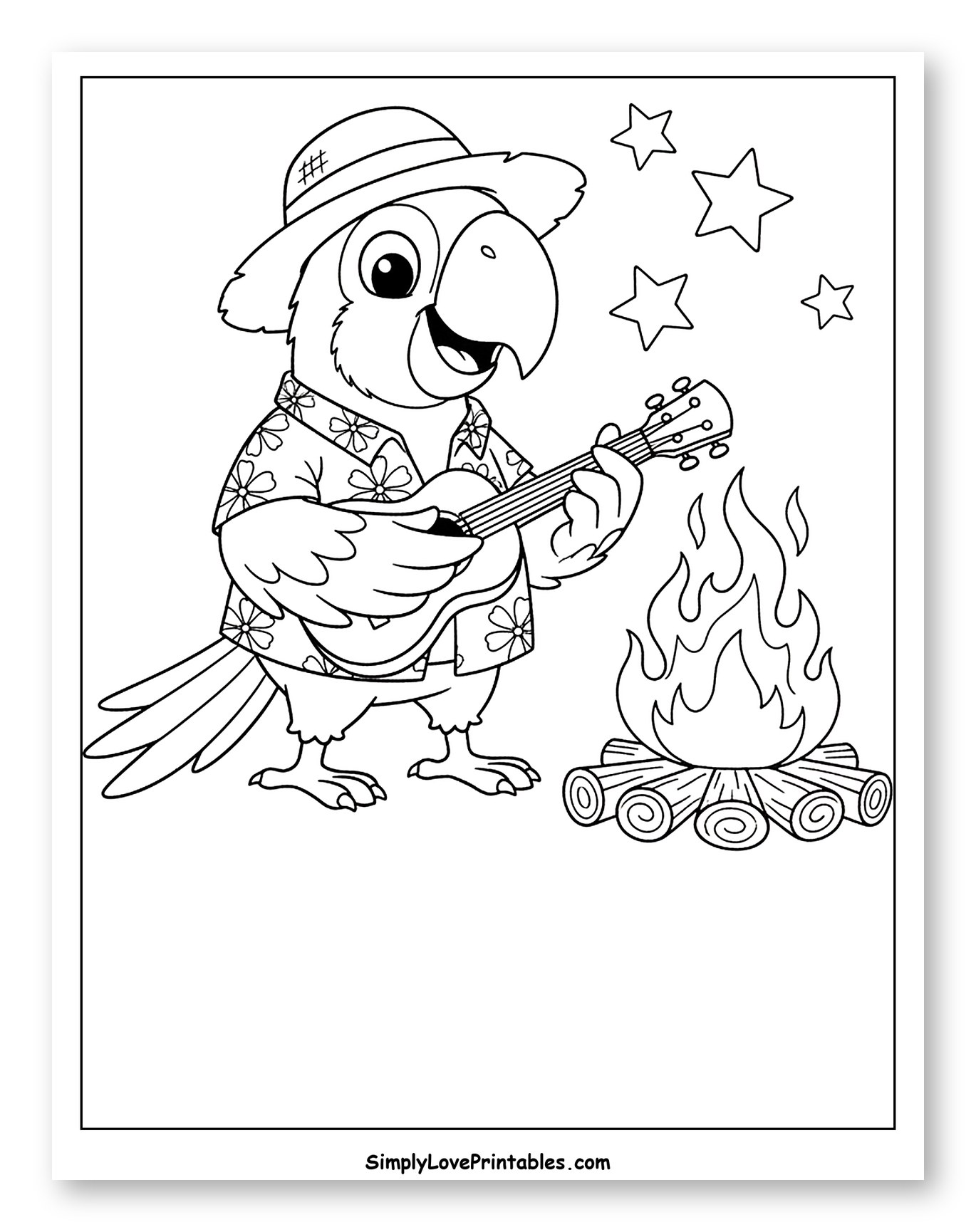Happy Parrot Playing Ukulele by Campfire Coloring Page for Kids