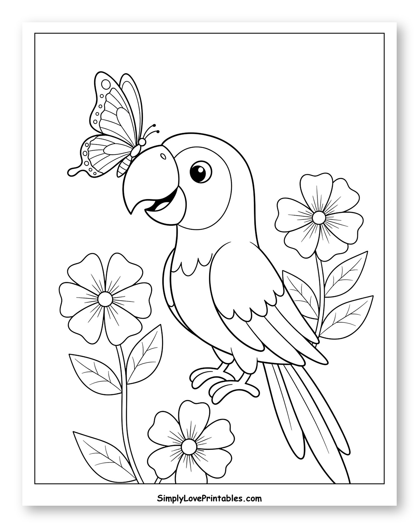 Happy Parrot with Butterfly and Flowers