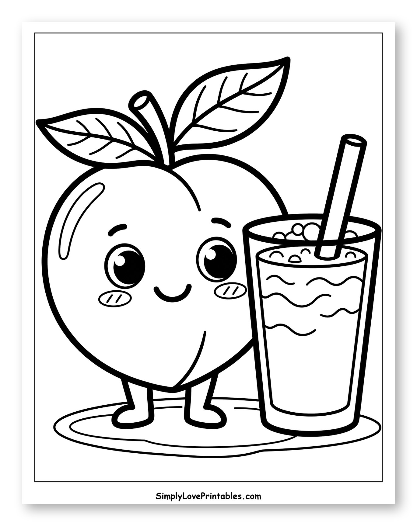 Happy Peach and a Glass of Smoothie Coloring Page for Toddlers