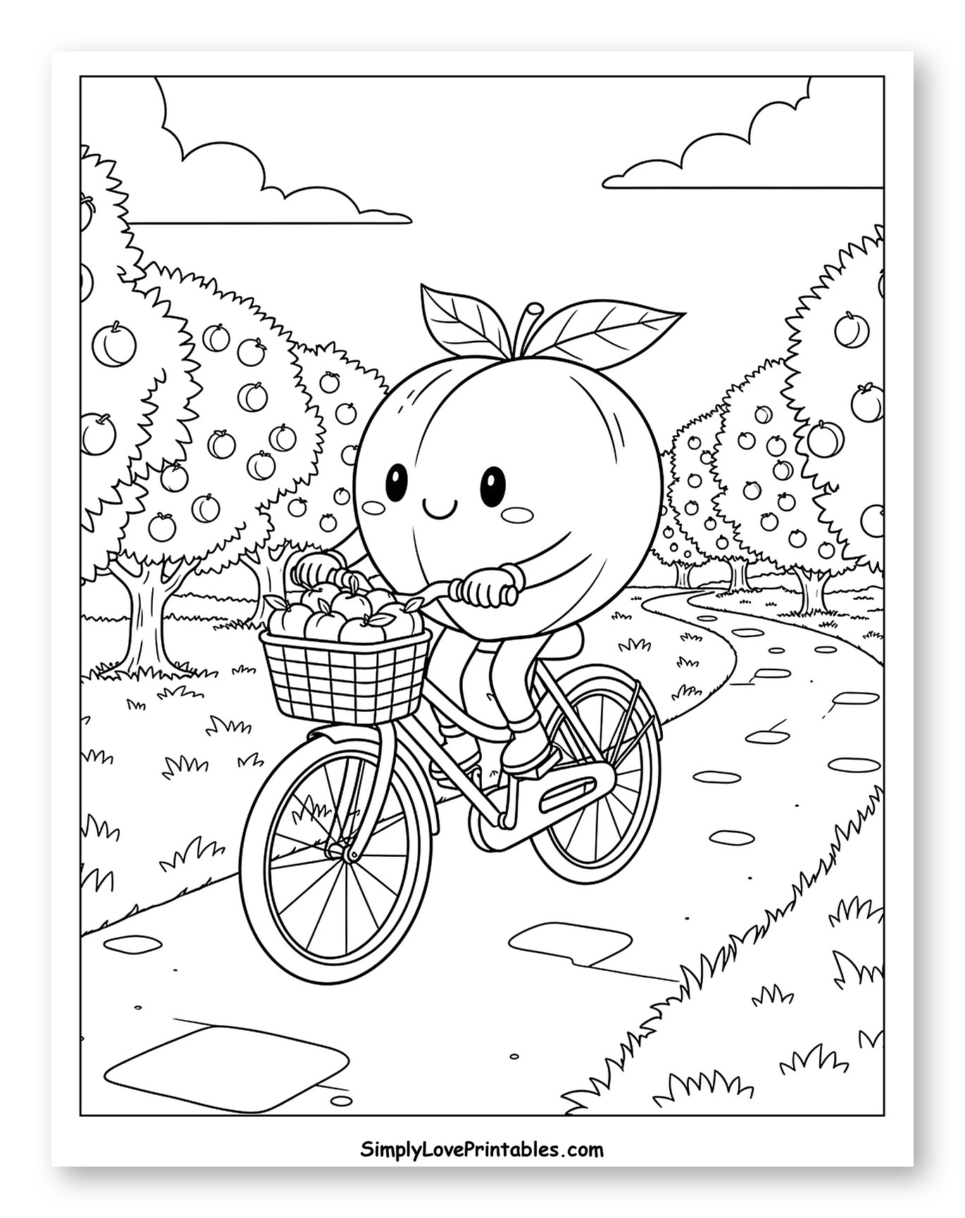 Happy Peach Riding Bicycle in Orchard Coloring Sheet for Kids