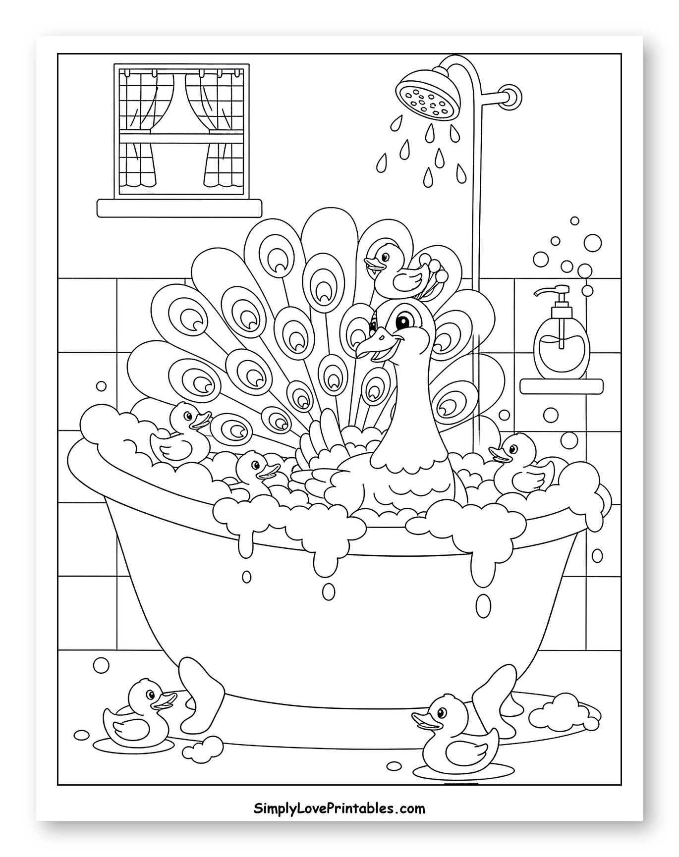 Happy Peacock and Ducklings Taking a Bubble Bath
